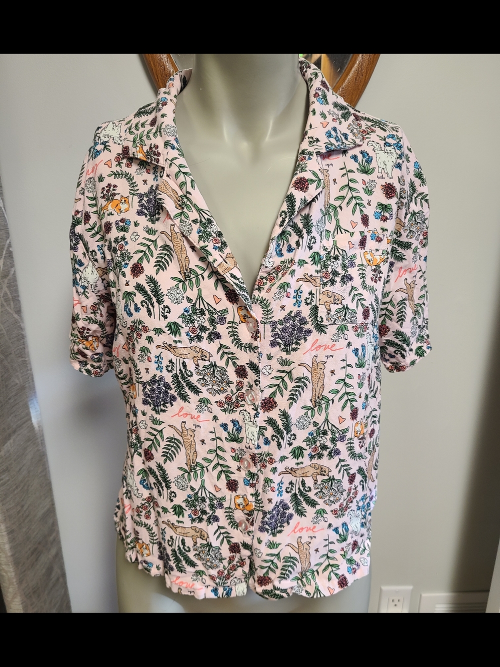 Women’s Pink Floral & Cat Print Button Front Top